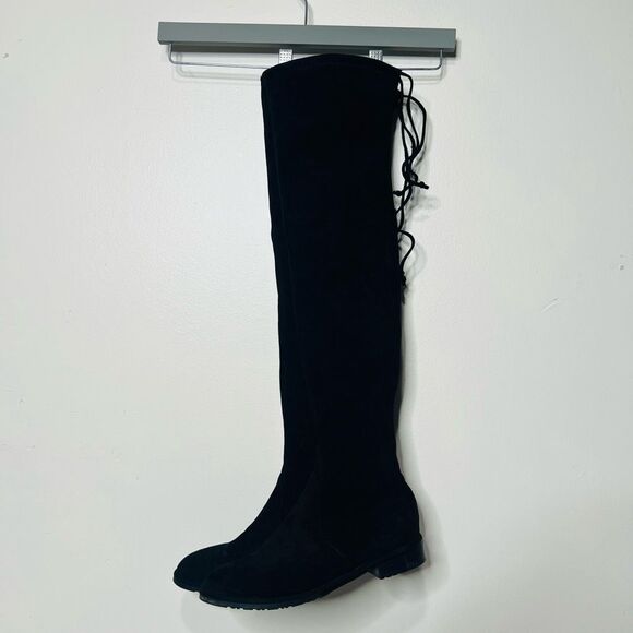 Stuart Weitzman Jocey Stretch Suede Black Tall Flat Boots Over the Knee Sz 8.5 - Picture 1 of 9